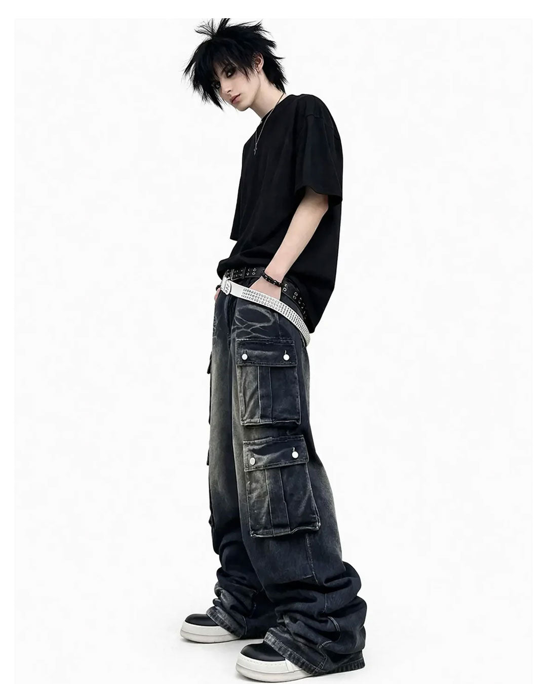 Phantom Mens Wide Leg Cargo Jeans Wide Fit