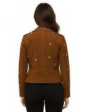 back view of brown studded moto jacket made of suede leather with star-shaped metallic studs and tailored fit