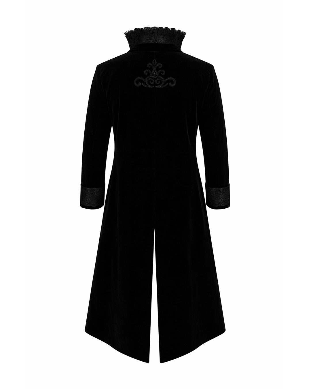 Black stand collar gothic cloak with high collar and ornate clasps in velvet fabric