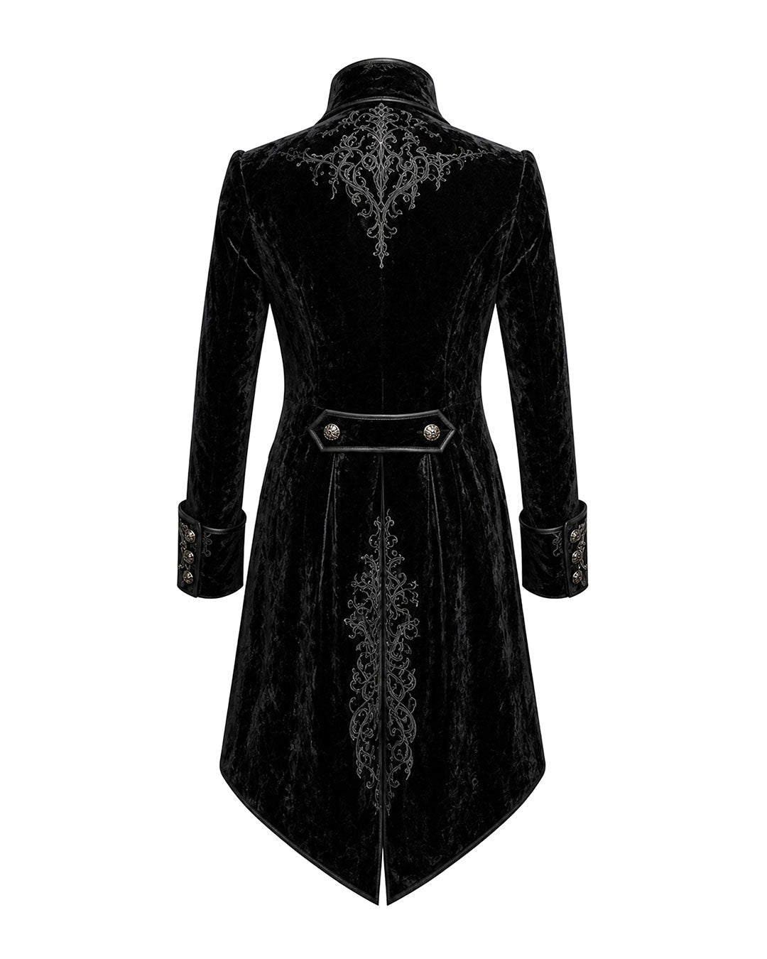 Back view of men’s Victorian gothic black velvet coat with embroidered upper back detail, fitted waist, and pointed tailcoat hem