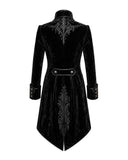 Back view of men’s Victorian gothic black velvet coat with embroidered upper back detail, fitted waist, and pointed tailcoat hem