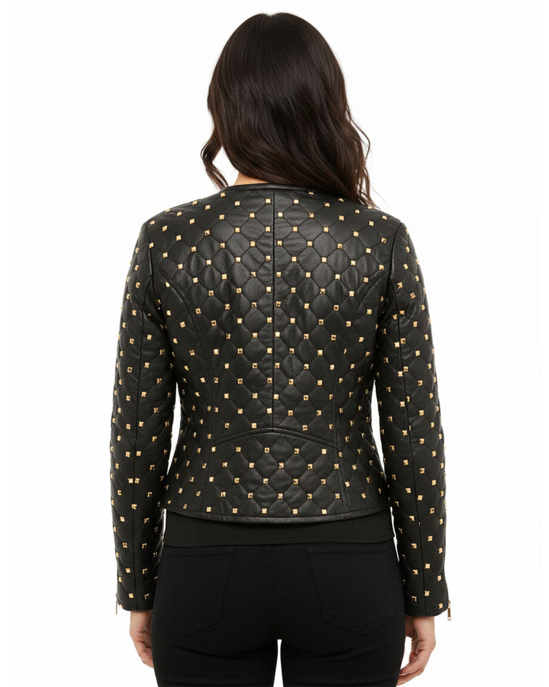 Women's Black Quilted Leather Jacket with Gold Studded Accents