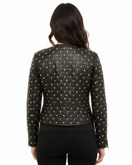 Women's Black Quilted Leather Jacket with Gold Studded Accents