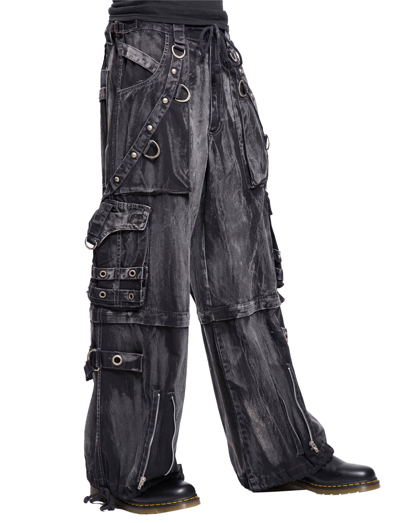 Black Acid Wash Gothic Cargo Pants – Distressed Wide-Leg Rave Trousers
