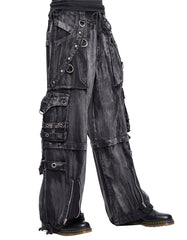 Black Acid Wash Gothic Cargo Pants – Distressed Wide-Leg Rave Trousers