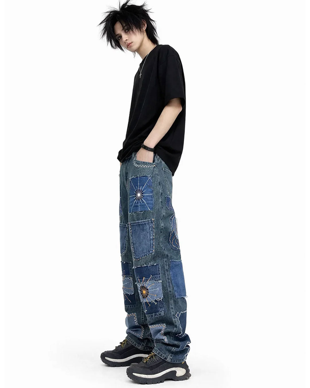 Patchwork Embroidered Wide Leg Denim Jeans