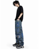 Patchwork Embroidered Wide Leg Denim Jeans
