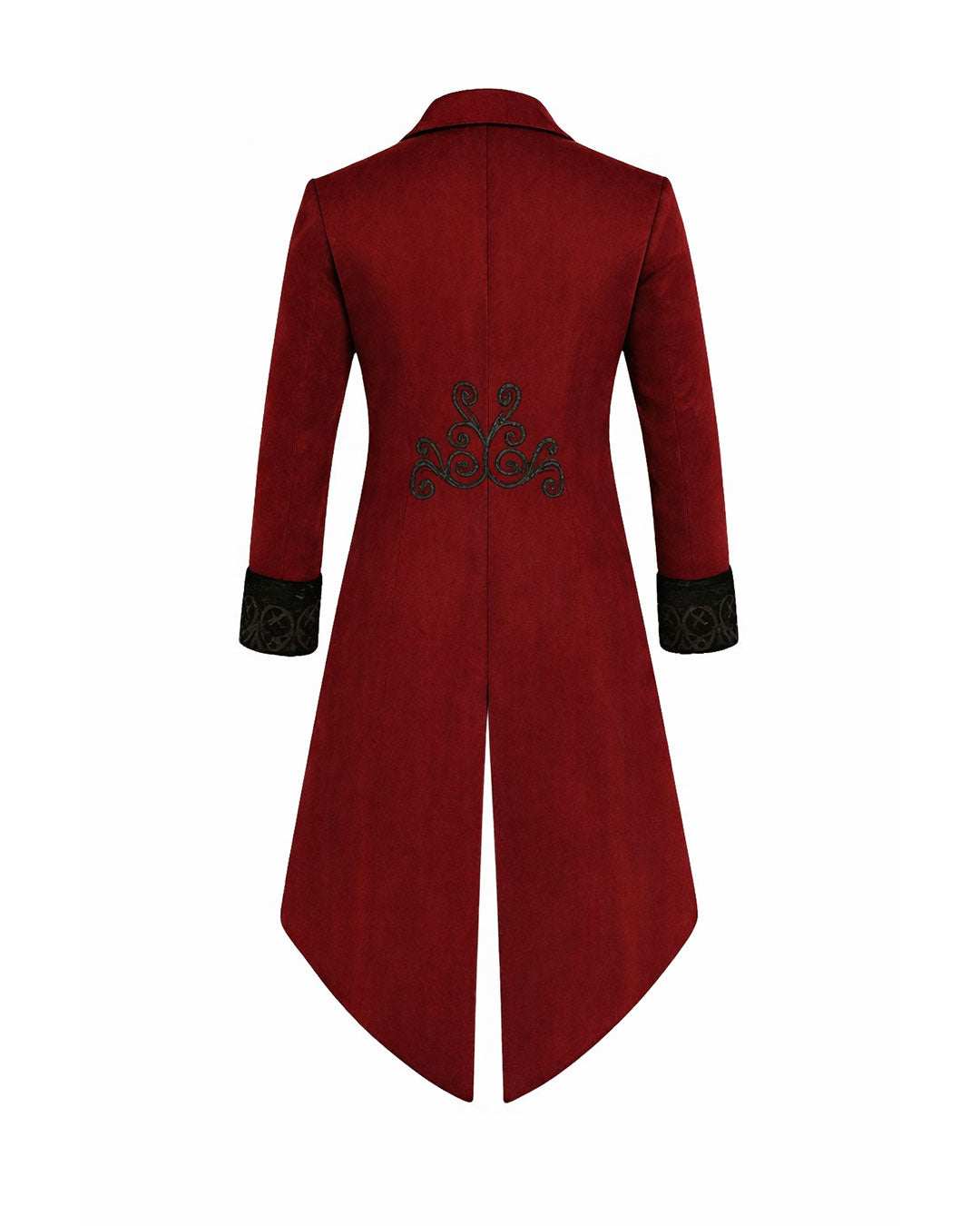Men’s maroon velvet gothic tailcoat with Victorian design and high collar for gothic fashion lovers