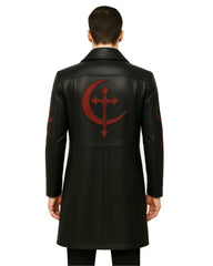 Men’s Gothic Vampire Leather Coat black with red crescent cross embroidery on back and sleeves