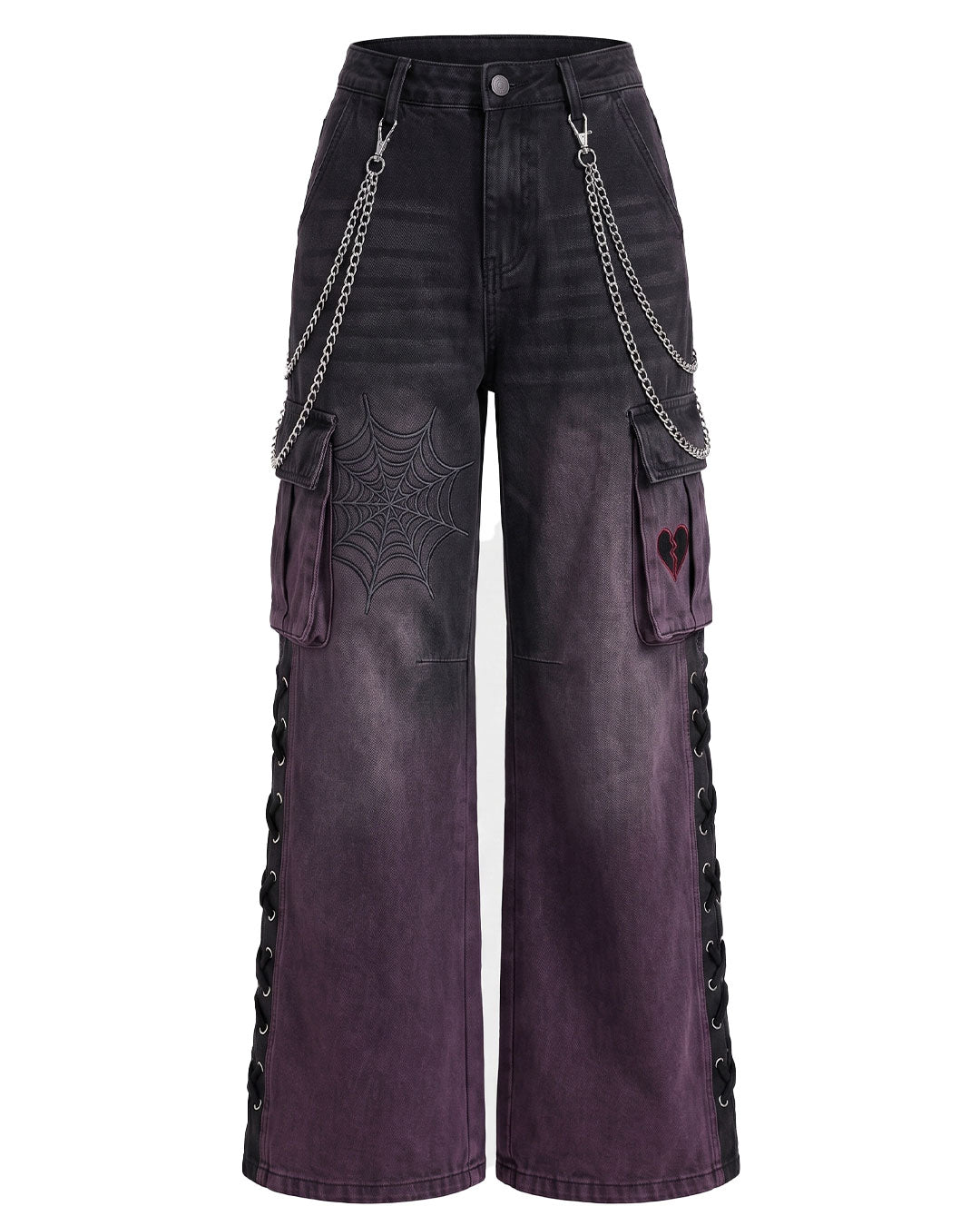 Women's wide leg cargo pants, ombre grunge denim, flat front view