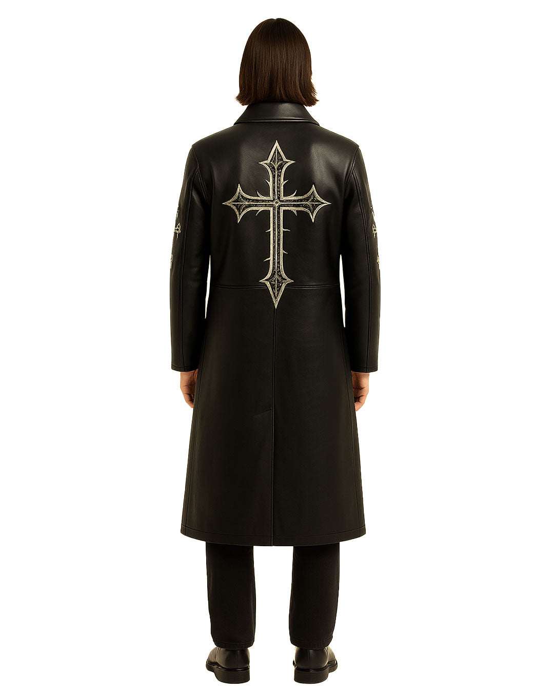 Gothic Cross Long Leather Coat