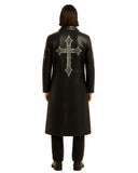 Back view of Gothic Cross Long Leather Coat in black with silver cross embroidery on sleeves and back