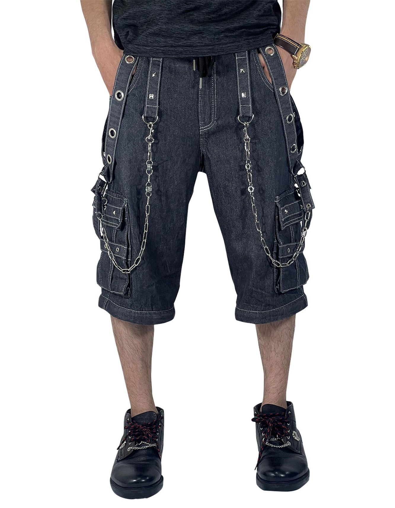 Unisex Convertible Gothic Punk Cargo Pants with Straps, Chains & Zippers