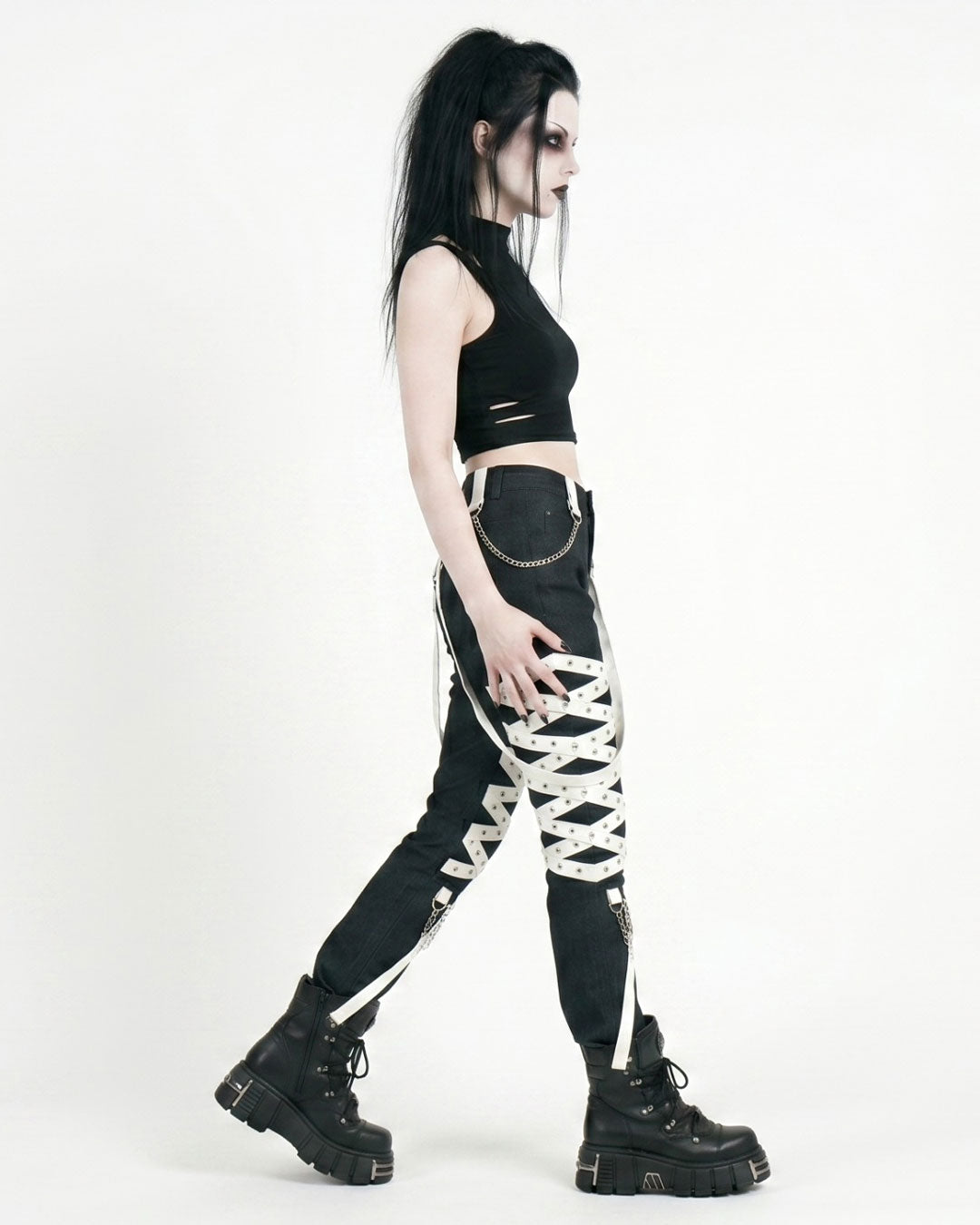 Trippprs White Strap-Detail Black Skinny Pants