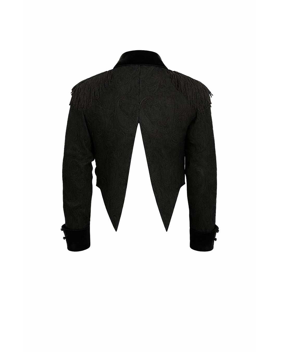 Black Swallow Tail Jacket featuring high-low hem, structured shoulders, and ornate gothic detailing in premium velvet for formal and steampunk style.