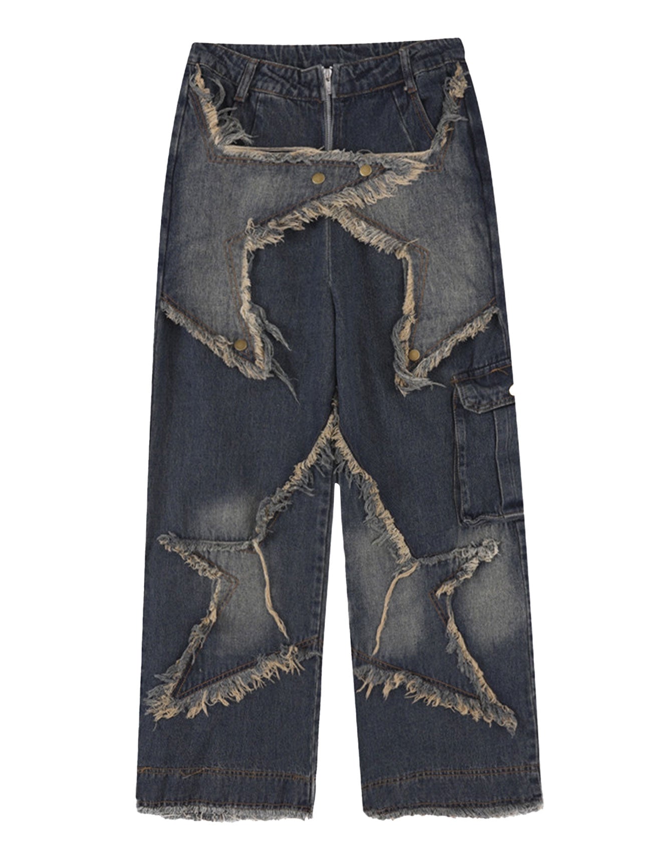 Women's Patchwork Fringe Pocket Wide Leg Loose Casual Cargo Boyfriend Jeans