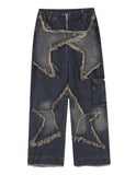Women's Patchwork Fringe Pocket Wide Leg Loose Casual Cargo Boyfriend Jeans