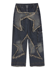Women's Patchwork Fringe Pocket Wide Leg Loose Casual Cargo Boyfriend Jeans