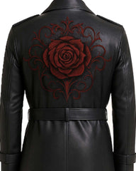 Black Rose Leather Trench Coat with hand-embroidered red rose on back, black genuine leather, double-breasted design, adjustable waist belt, and military-inspired epaulettes.