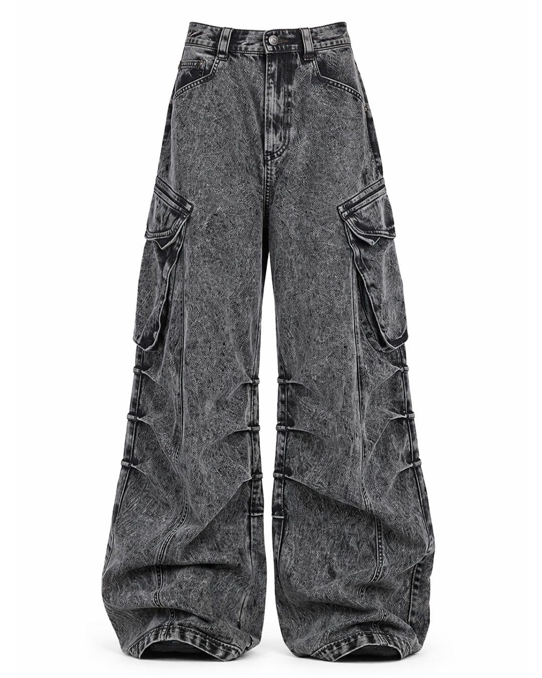 Baggy cargo jeans for men in washed grey denim with wide-leg fit, oversized side cargo pockets, and streetwear styling shown in front and back view.