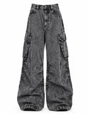 Baggy cargo jeans for men in washed grey denim with wide-leg fit, oversized side cargo pockets, and streetwear styling shown in front and back view.