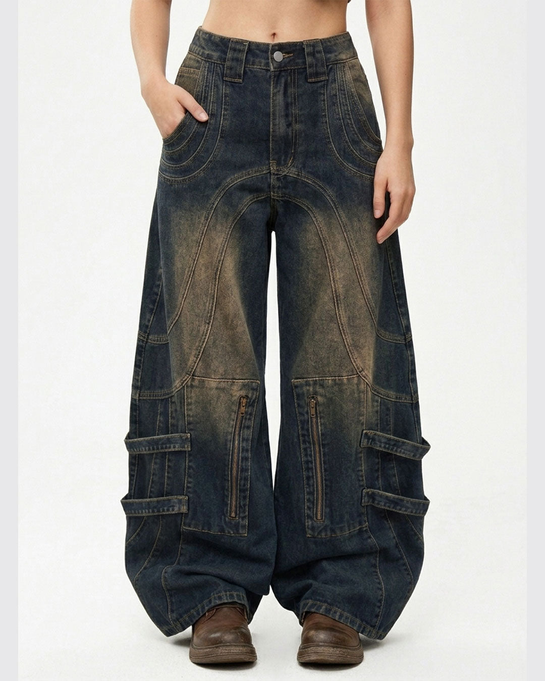 Women's Loose Fit Baggy Jeans – Button Pocket & Zipper Embellished