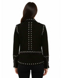 Back view of black studded suede leather biker jacket for women with metal stud accents and tailored fit