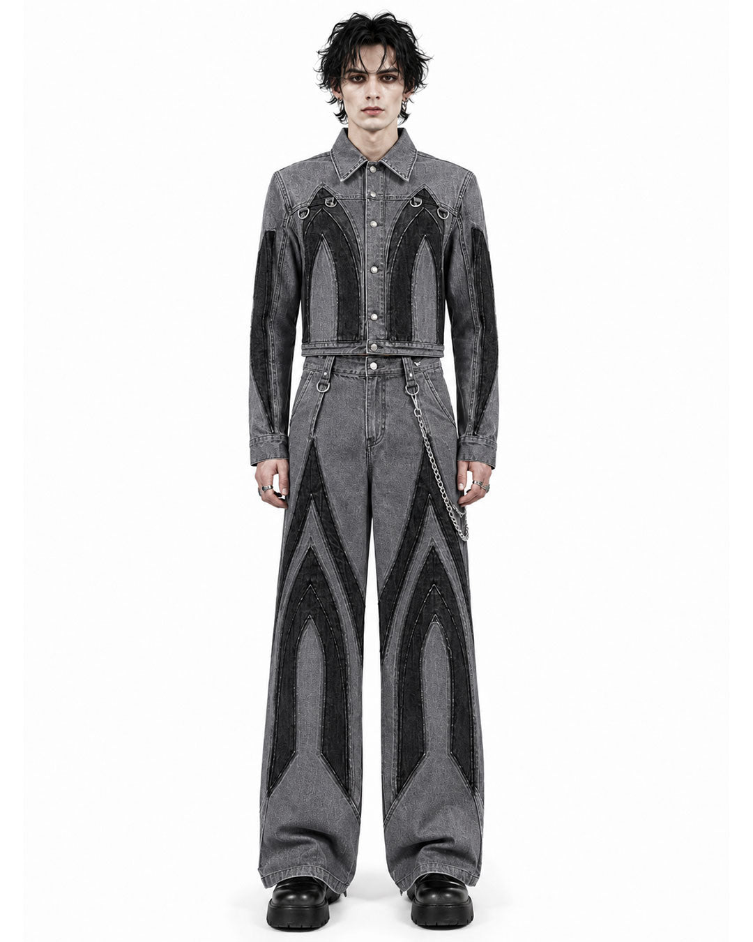 Front view of Gothic Cathedral Denim Suit with cropped grey and black denim jacket and matching wide-leg jeans