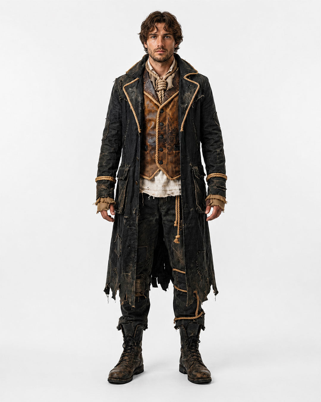 Men’s black pirate costume coat for Halloween cosplay and gothic events