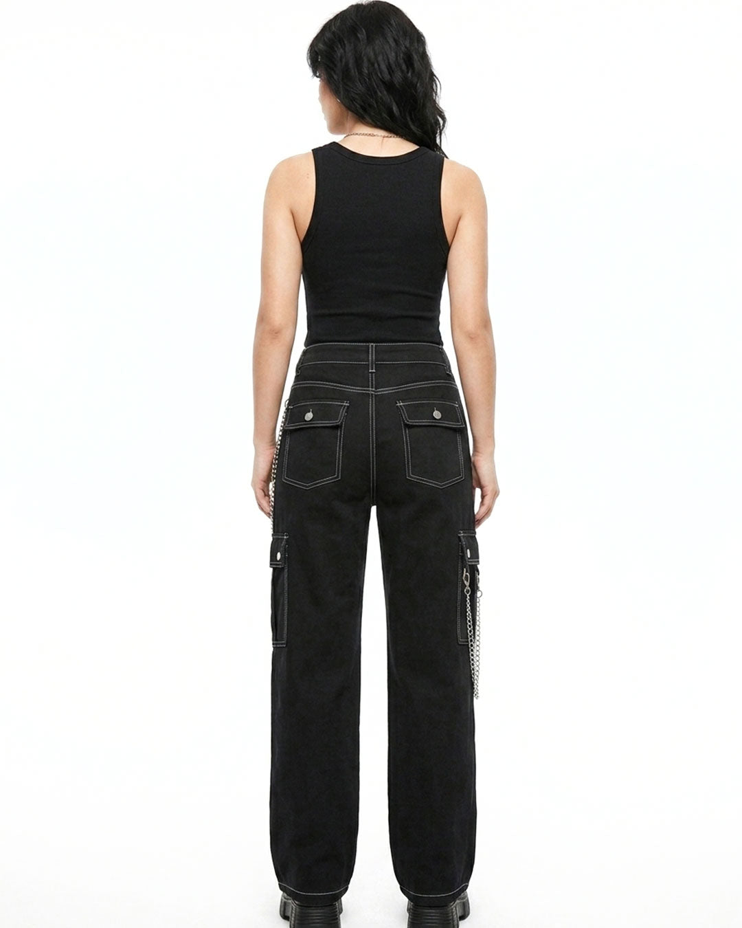 Women's Punk Chain Cargo Pants – Black Wide Leg Streetwear Trousers