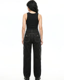 Women's Punk Chain Cargo Pants – Black Wide Leg Streetwear Trousers