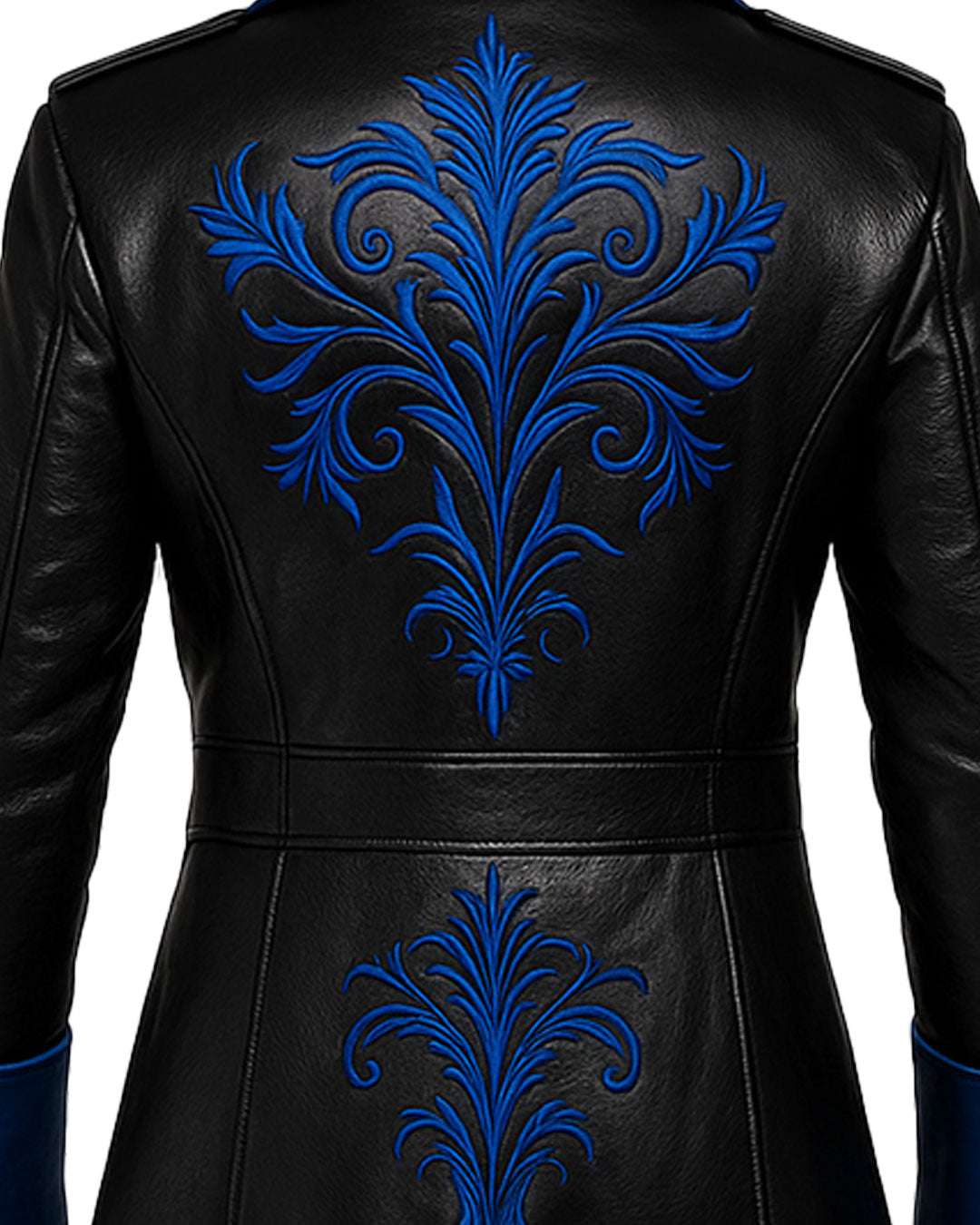 Men black and blue gothic leather trench coat with royal blue embroidered design on back