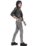Side view of distressed skinny jeans women showing high-waist fit and frayed vertical thigh rips
