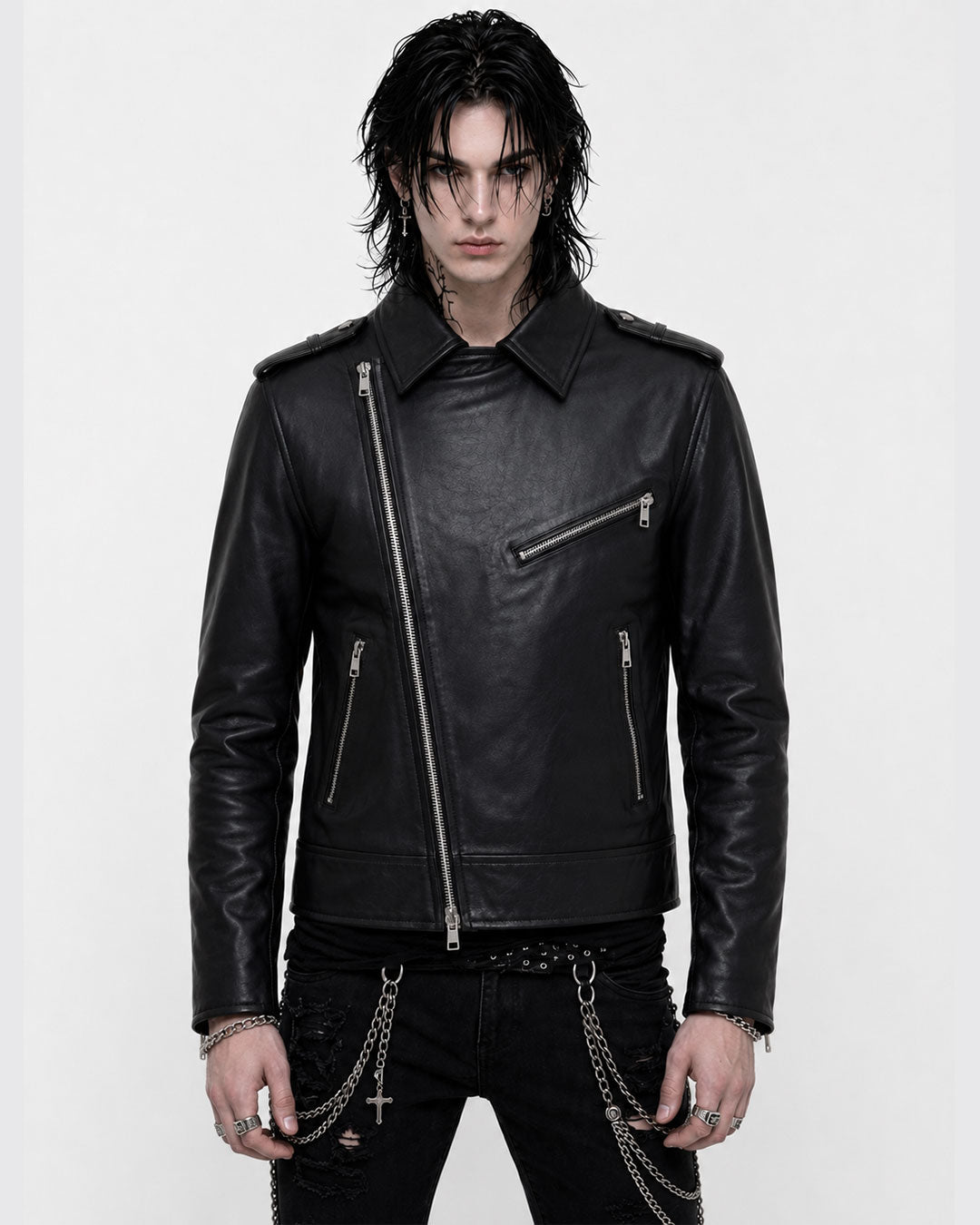 Black Leather Zipper Biker Jacket