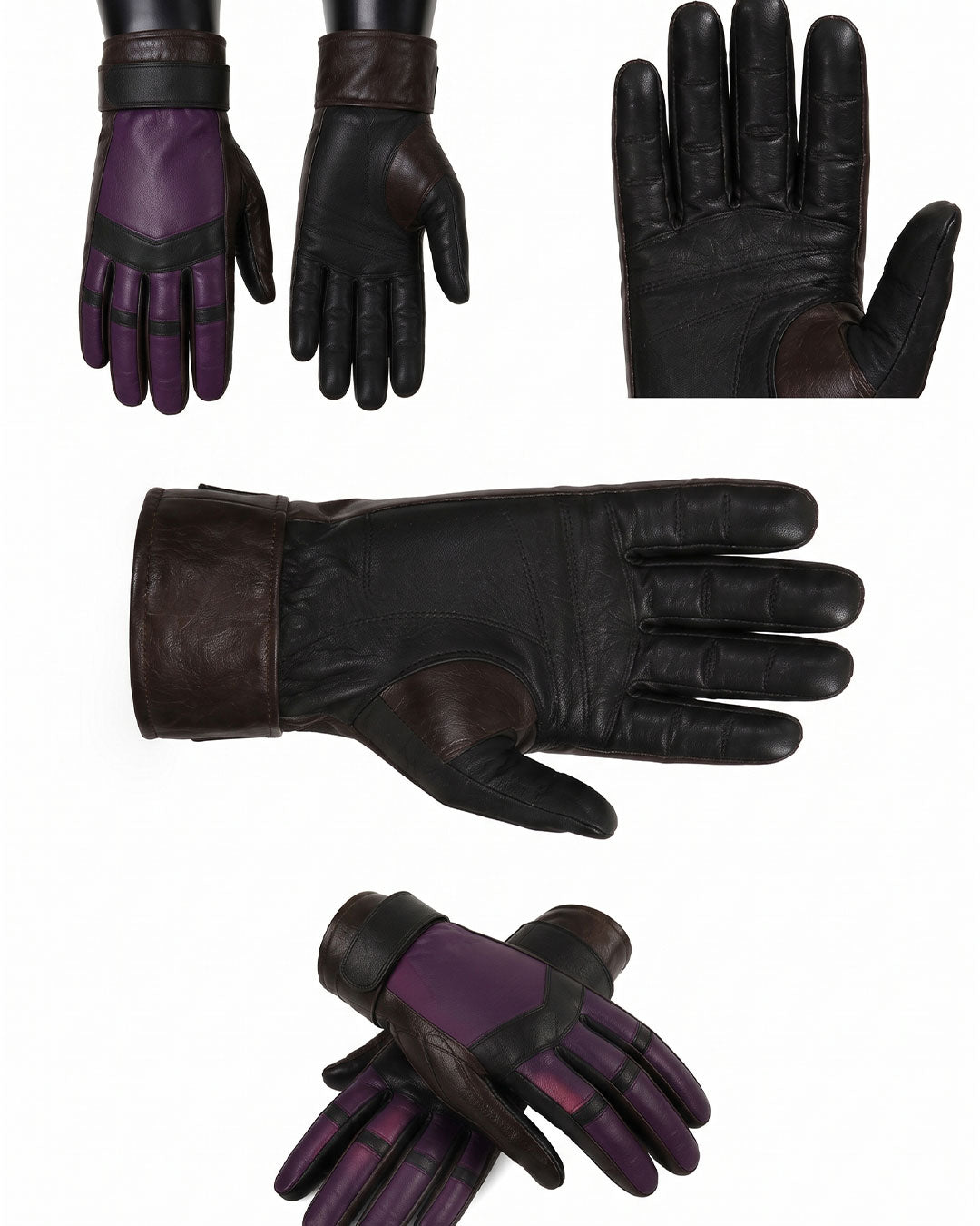 A set of leather gloves shown from multiple angles on a plain white background. The gloves are primarily black with dark brown trim and purple panels on the backs of the hands and cuffs.