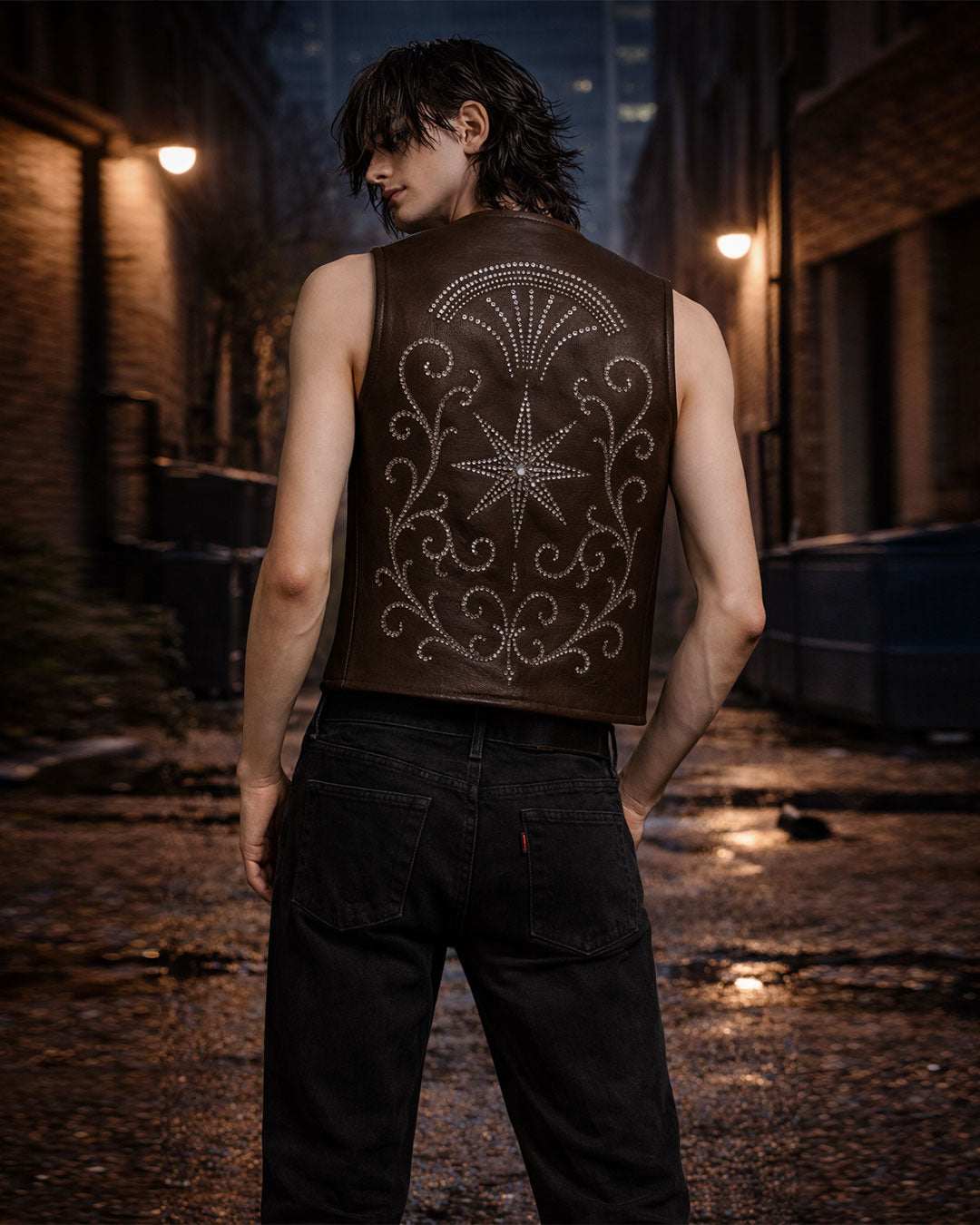 Brown gothic western Star Studded Leather Vest with intricate star and stud detailing by TRIPPPRS