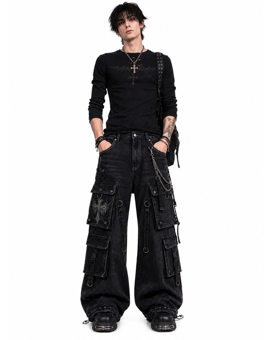Male model wearing black gothic baggy cargo pants front pose