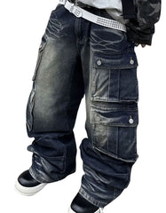 Men's Vintage Washed Distressed Cargo Jeans | Trippprs Streetwear Utility Pants