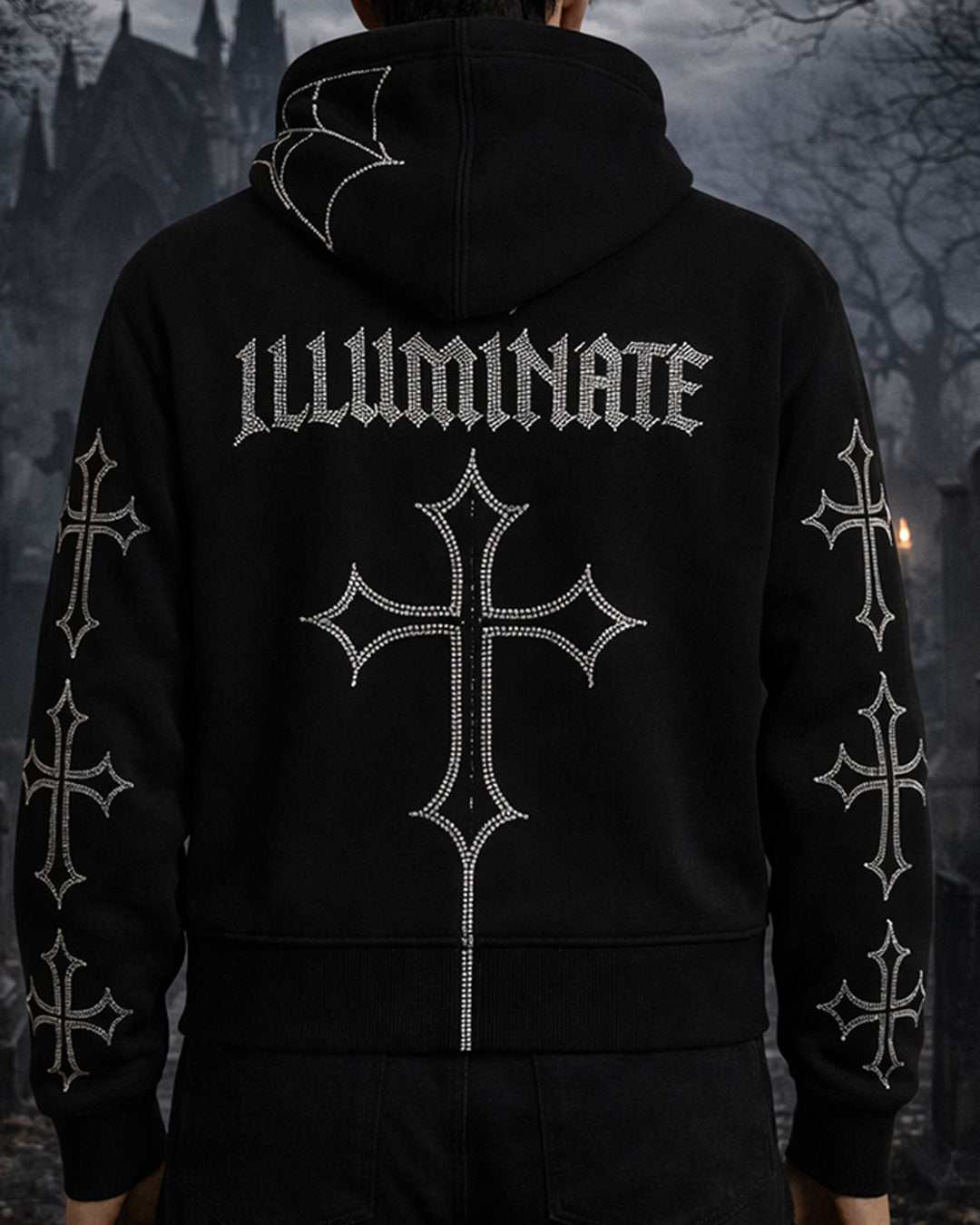 Black unisex hoodie with gothic rhinestone cross and spider-web hood detailing
