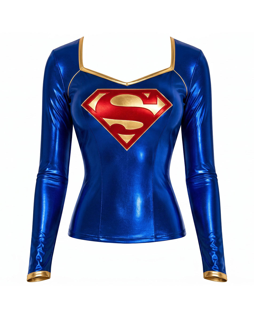 A shiny royal blue long-sleeve top with gold trim and a large red and gold Superman 'S' shield on the chest, shown against a plain white background.