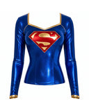 A shiny royal blue long-sleeve top with gold trim and a large red and gold Superman 'S' shield on the chest, shown against a plain white background.
