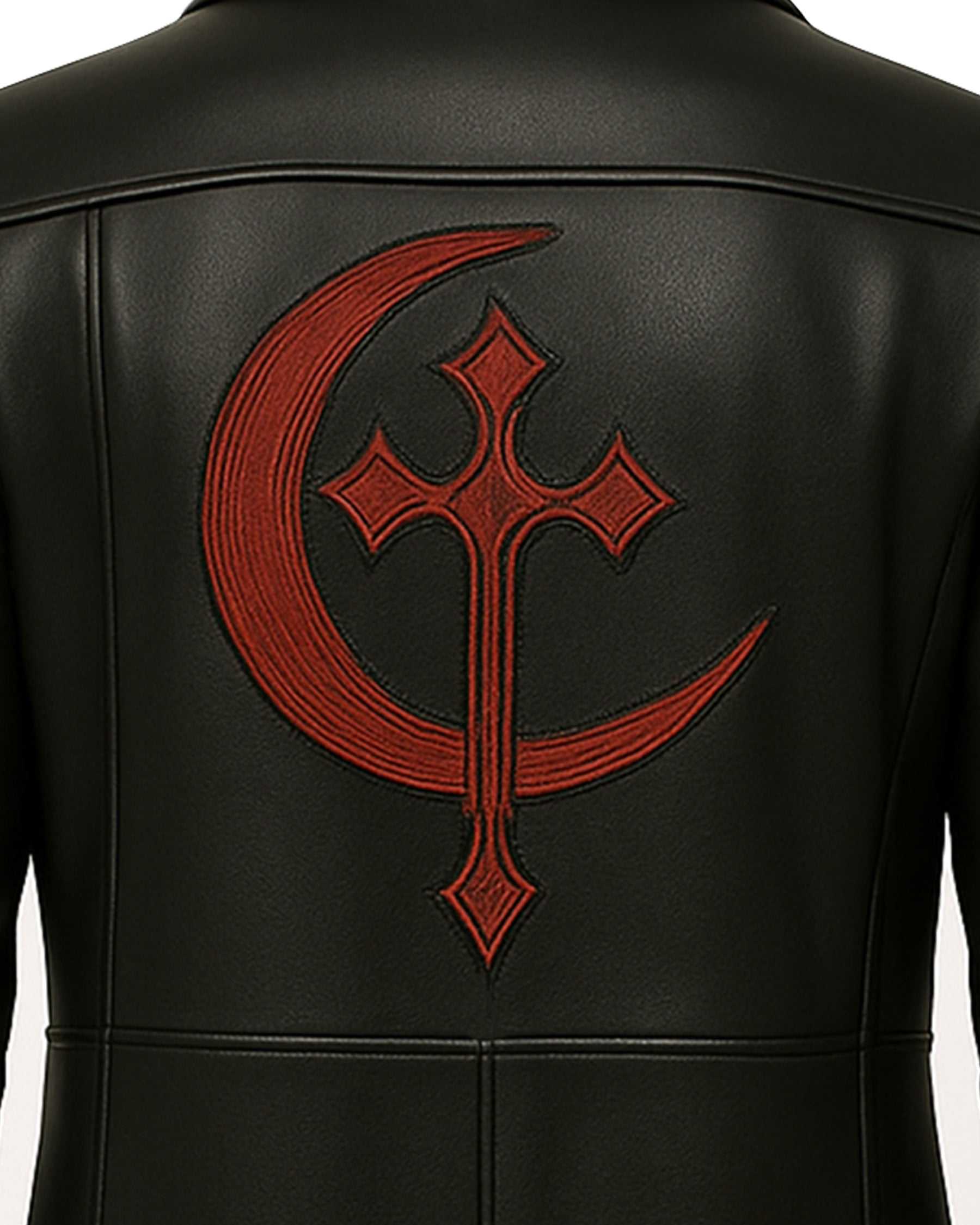 Back view of Men’s Gothic Vampire Leather Coat with red crescent and cross embroidery on black leather