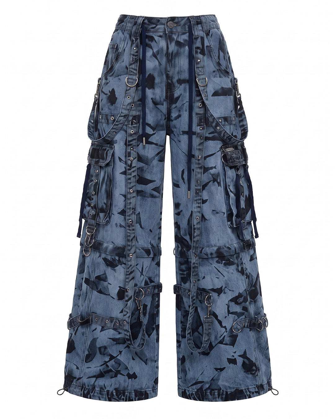 Wide leg cargo jeans flat lay, y2k cargo pants men, tie-dye denim front view without model