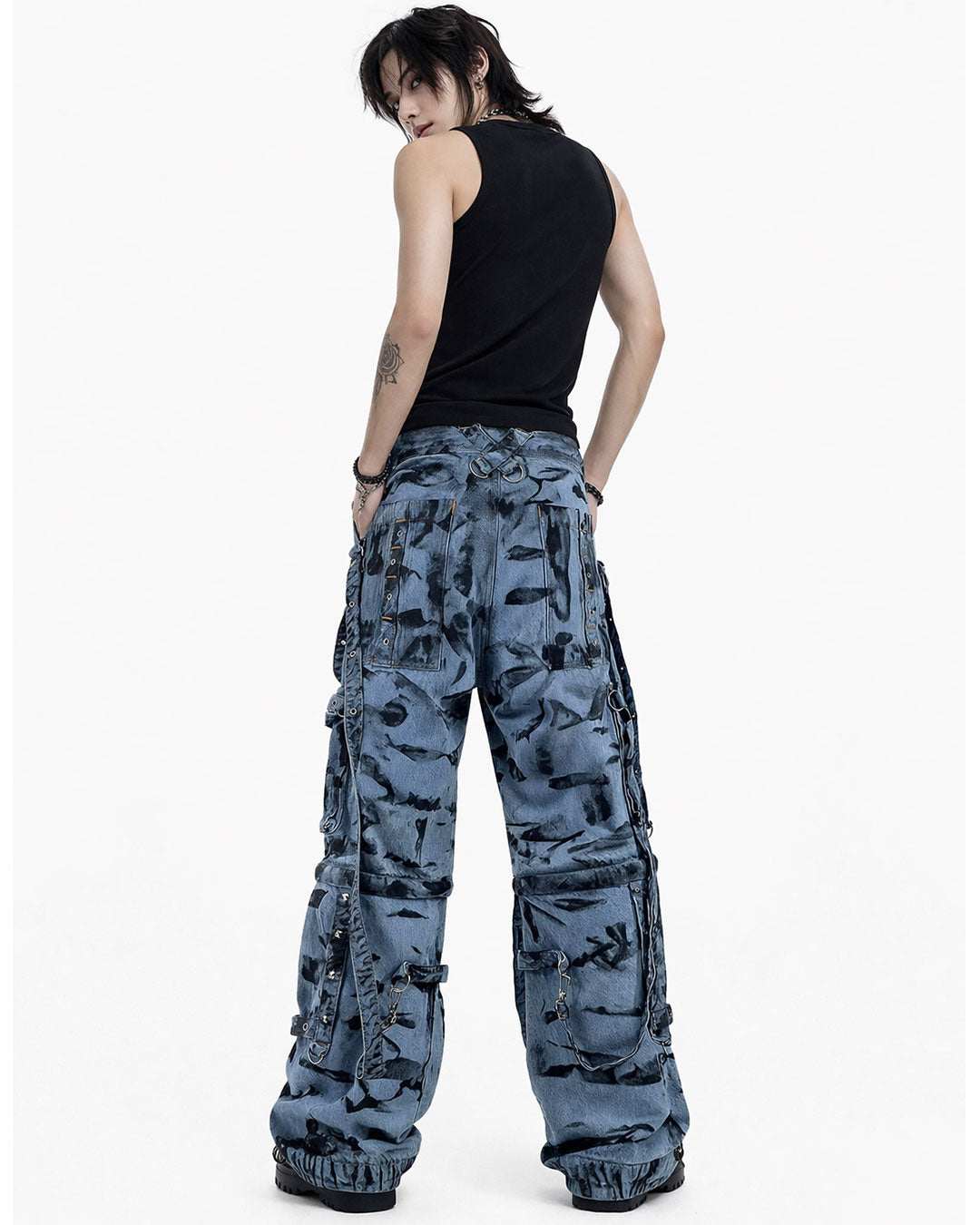 Men’s Blue Denim Cargo Pants with Chains and Buckles