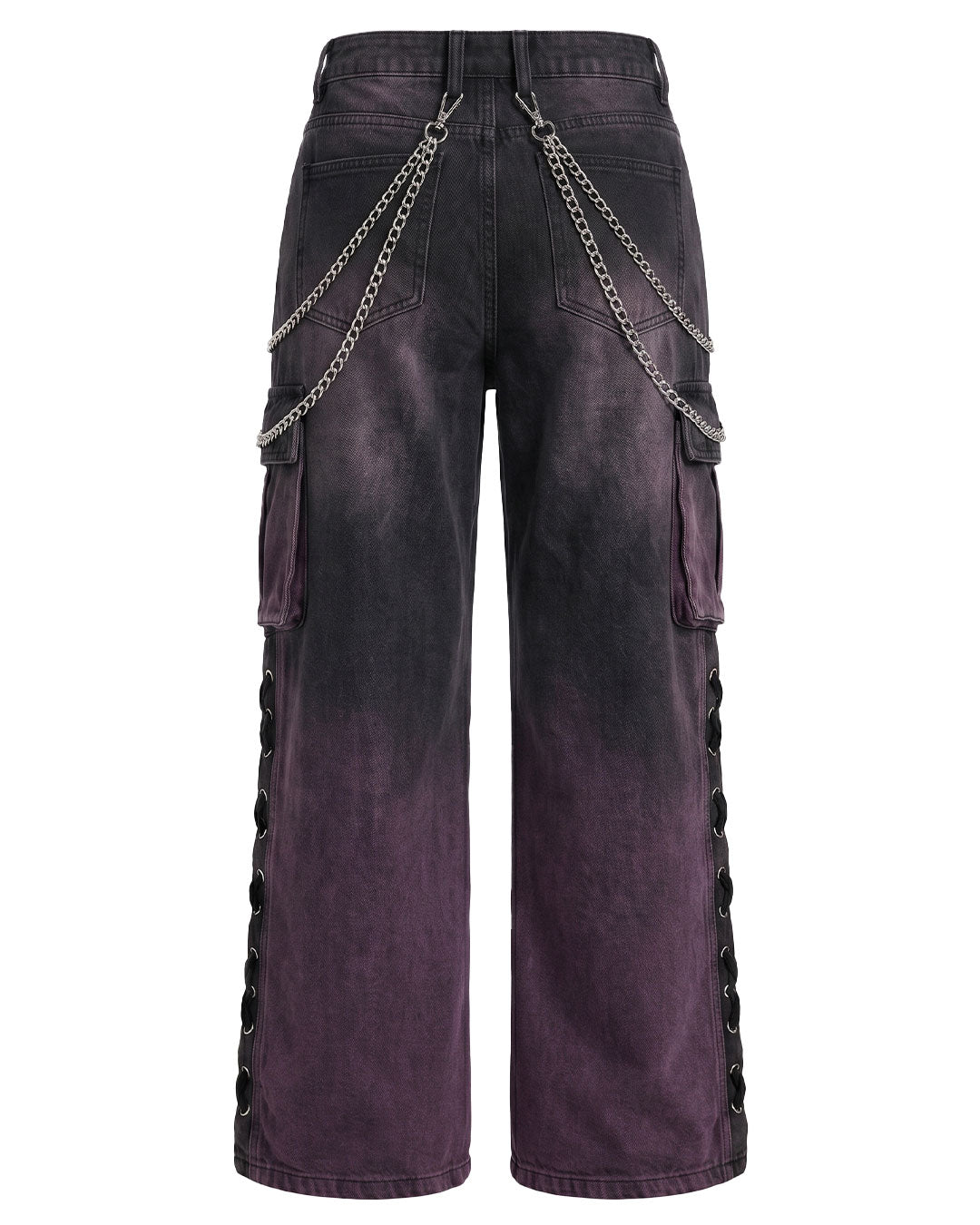 Back view of grunge cargo pants with chain detailing, product only