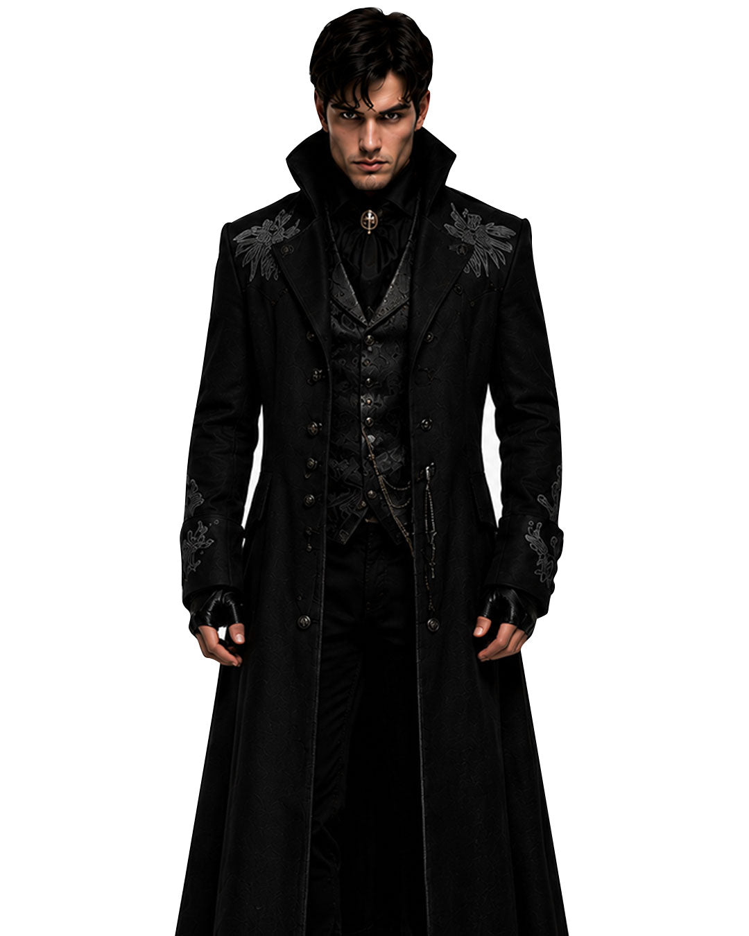 Men’s Halloween costume with black gothic trench coat, raven embroidery, high collar and vampire styling