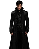 Men’s Halloween costume with black gothic trench coat, raven embroidery, high collar and vampire styling