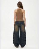 Women's Loose Fit Baggy Jeans – Button Pocket & Zipper Embellished