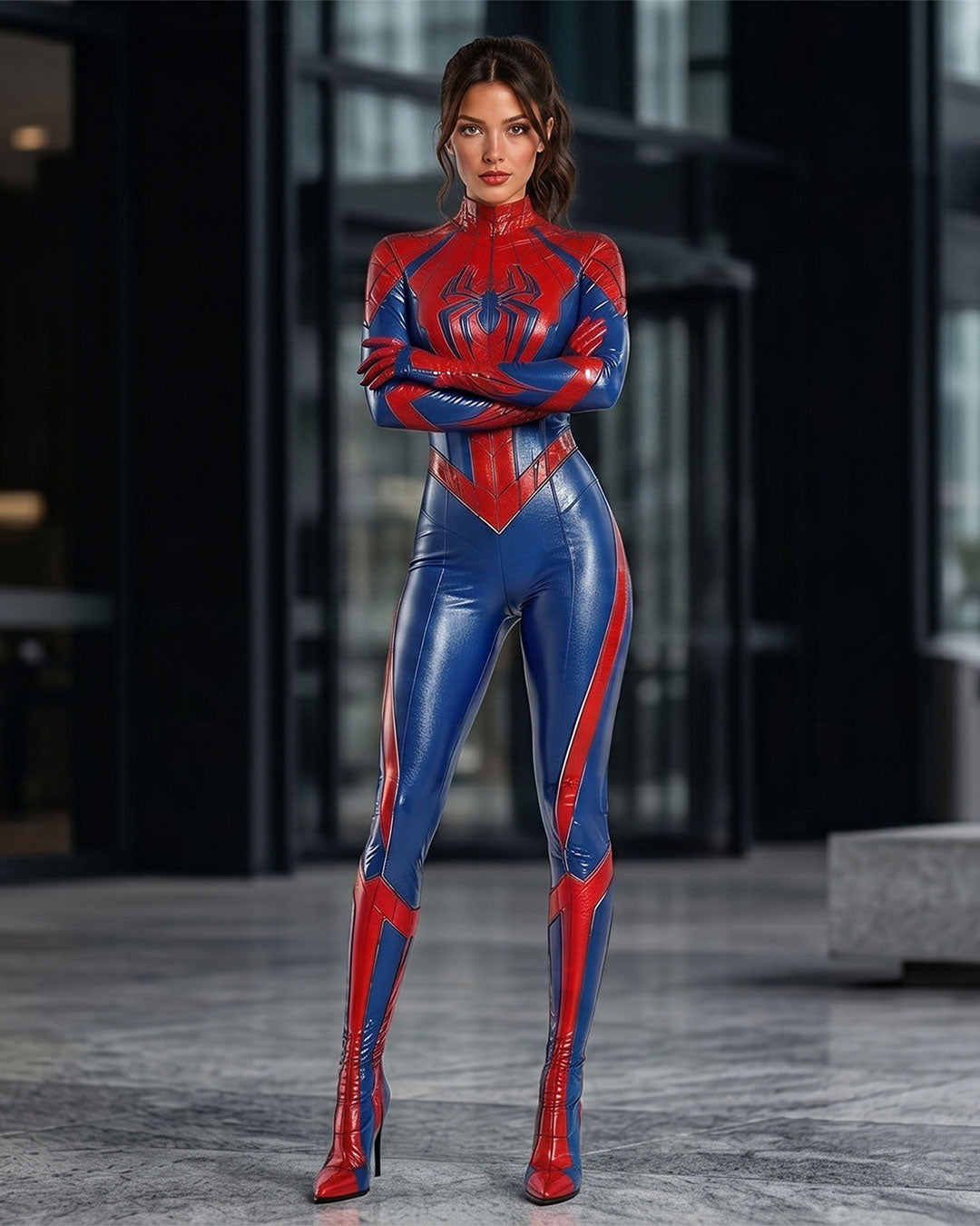 Model wearing a red and blue faux leather superhero cosplay catsuit with crossed arms in a confident pose, showcasing the web-detailed bodysuit, matching gloves, and thigh-high boots against a modern building backdrop.