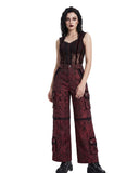 Red goth women cargo pants baggy front pose on model
